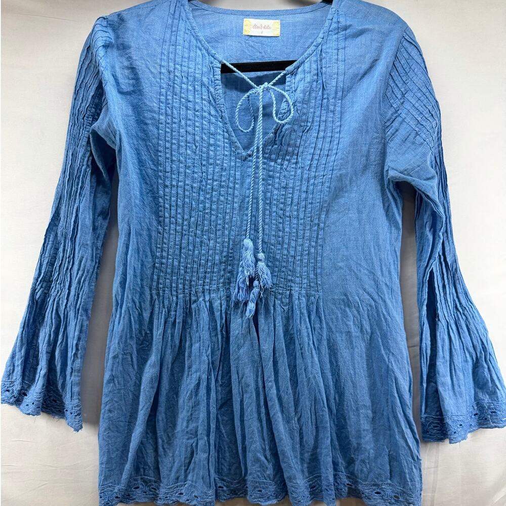 Altar'd State Blue Boho Peasant Pintuck Keyhole Tunic Eyelet Trim Tunic Top Sz S